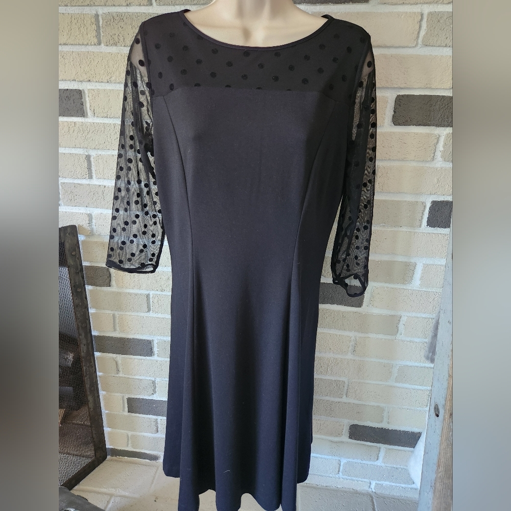 Talbots Black Ponte Fit Flare Dress Sheer Polka Dot Mesh 3/4 Sleeve